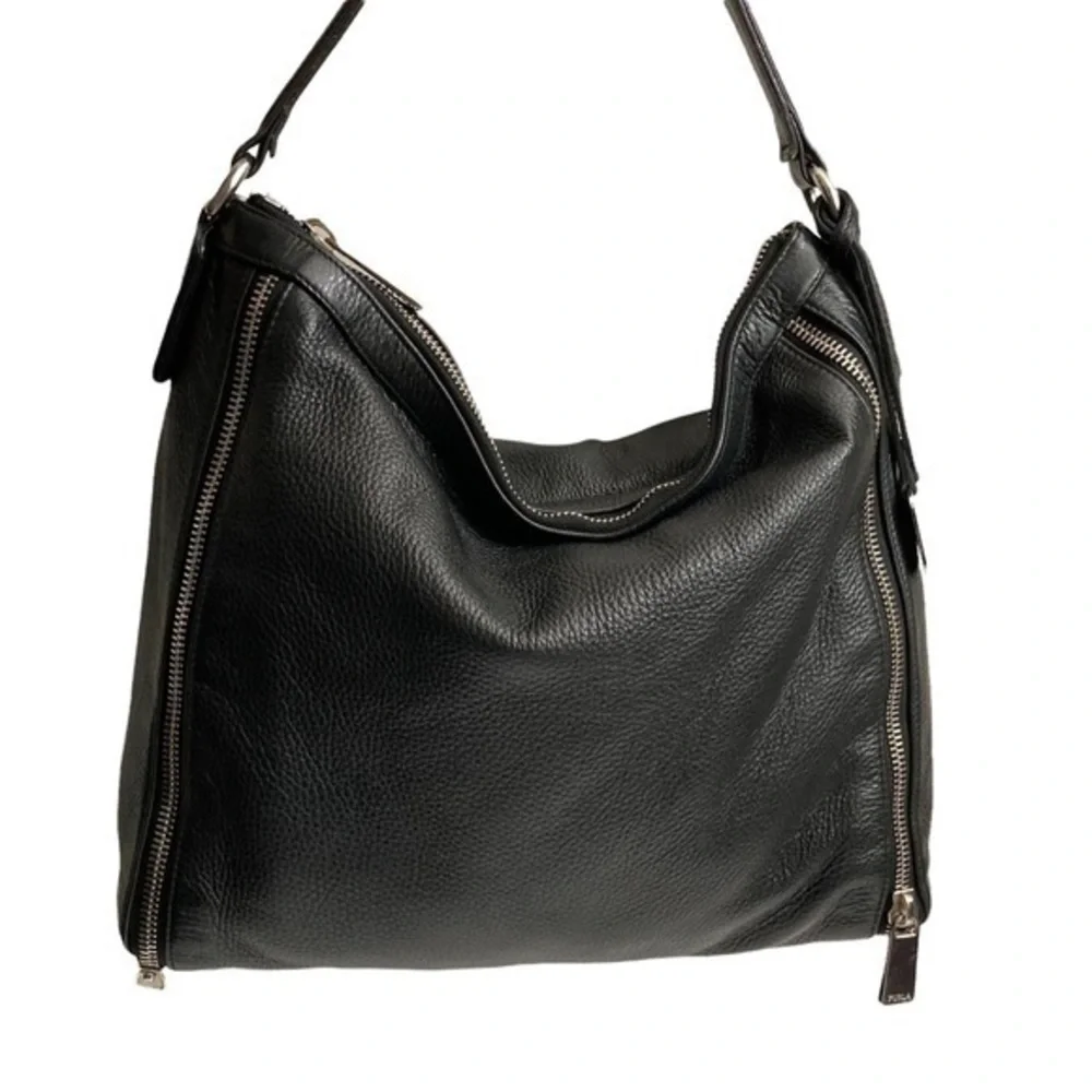 Furla black soft pebbled leather hobo bag